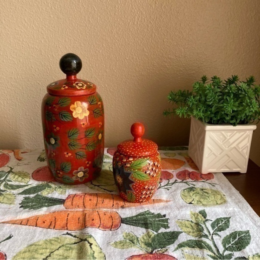 Retro Pier 1 Exports red painted decorative wooden jars with lids